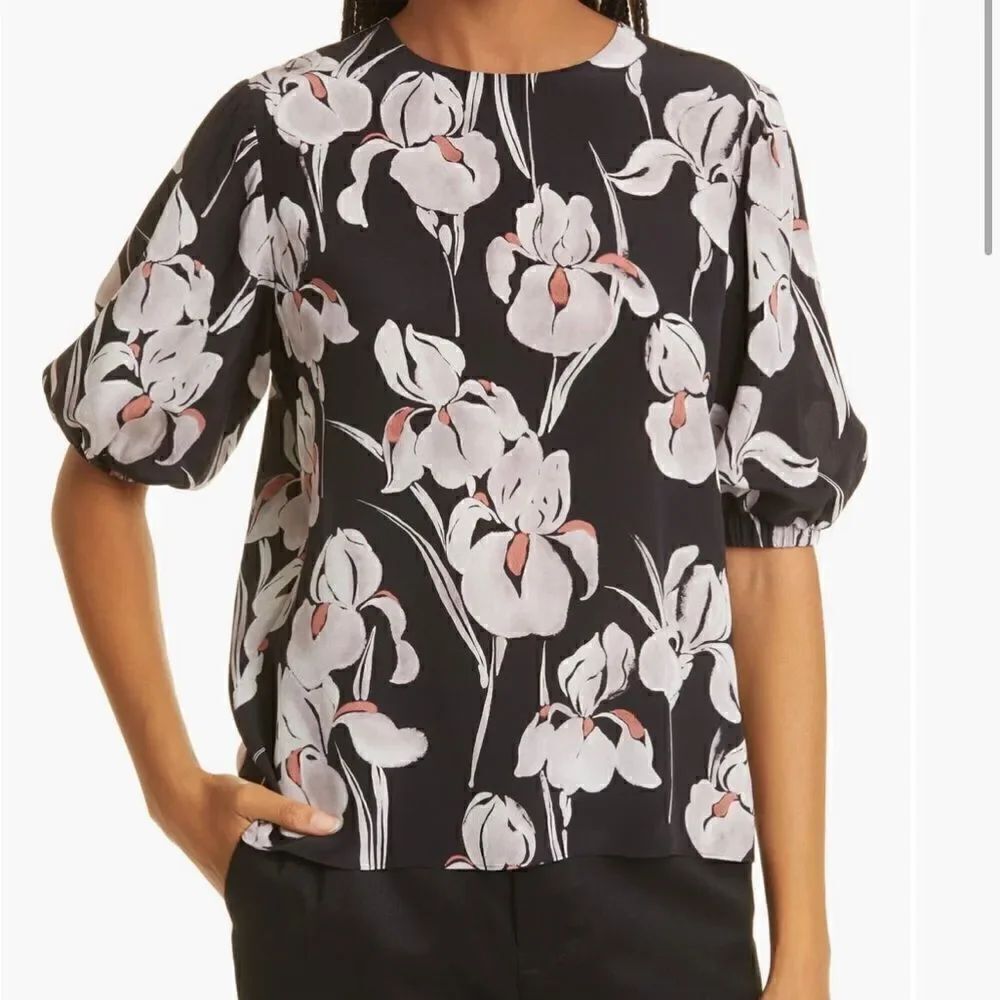 Jason Wu Puff sleeve black floral print short sleeve silk top size 6 NWT